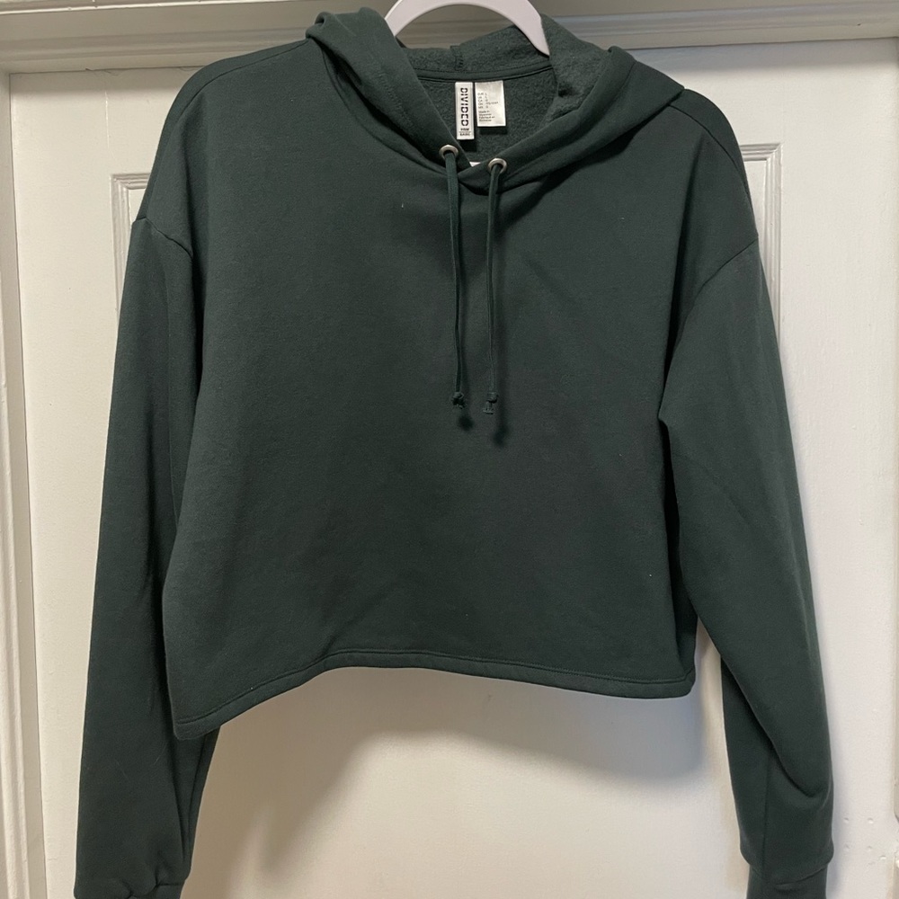 Divided H&M Basic Forest Green Cropped Drawstring Hoodie Size Large
